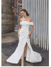 Off Shoulder Ivory Satin Slit Classic Wedding Dress